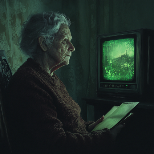 Elderly woman with green monitor reflection\n Elderly woman with green monitor reflection\n